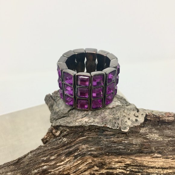 Expandable Purple Faceted Acrylic Tiny Square Pewter Tone Bar Wide Stretch Ring - Picture 3 of 16
